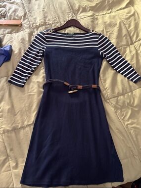 Ralph Lauren Navy and White Striped Boatneck Rope-Belt Dress